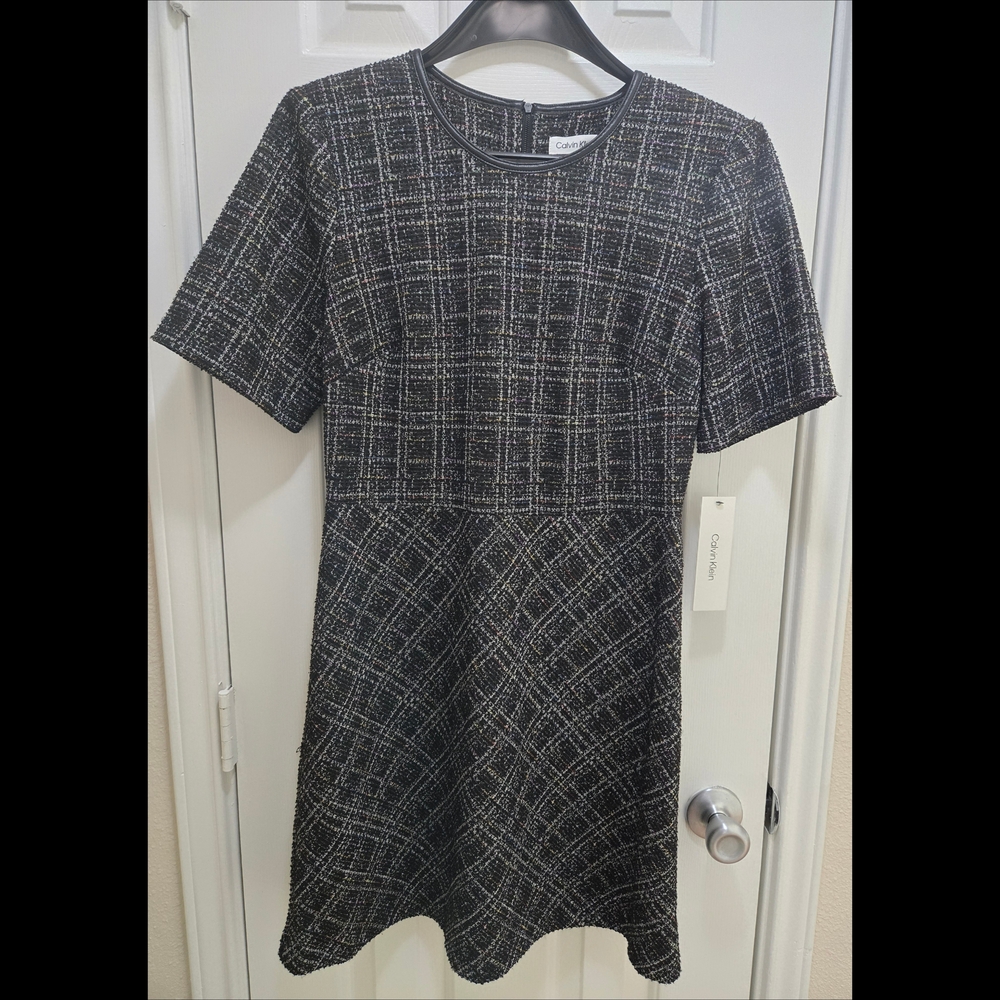 Calvin Klein Plaid Midi Dress Short Sleeves Black White Size 10 NWT